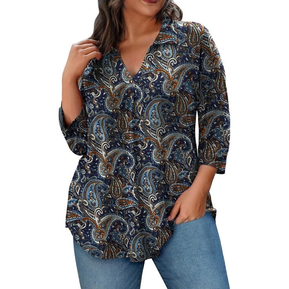 Plus Size Women's Tops Rayon Spandex 3/4 Sleeve V Neck Casual Blouse - Picture 1 of 6